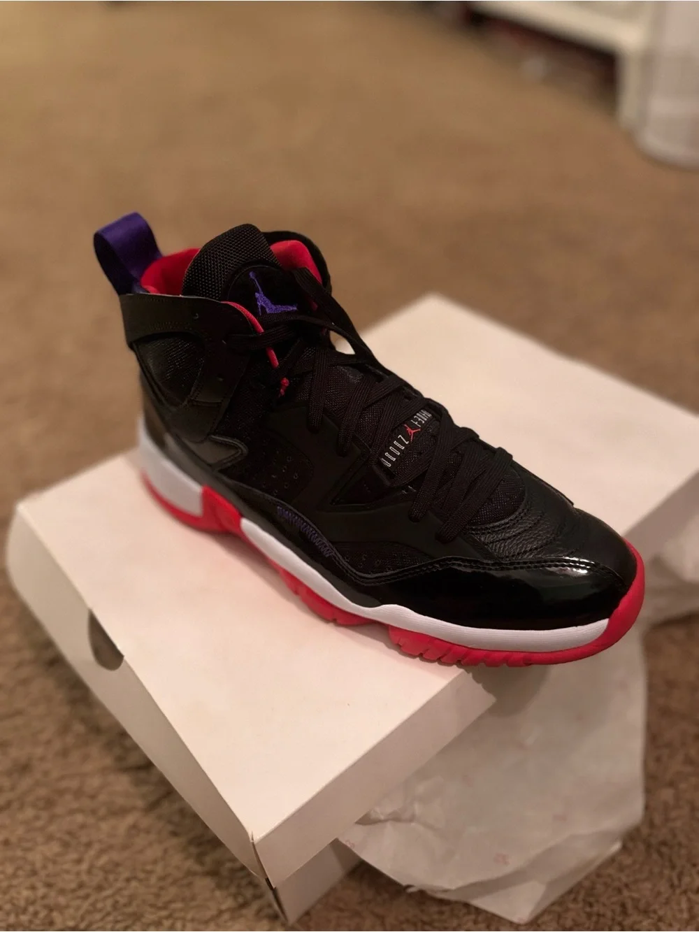 Jordan Men's Black/Red High-Top Sneakers with Purple Heel Tab